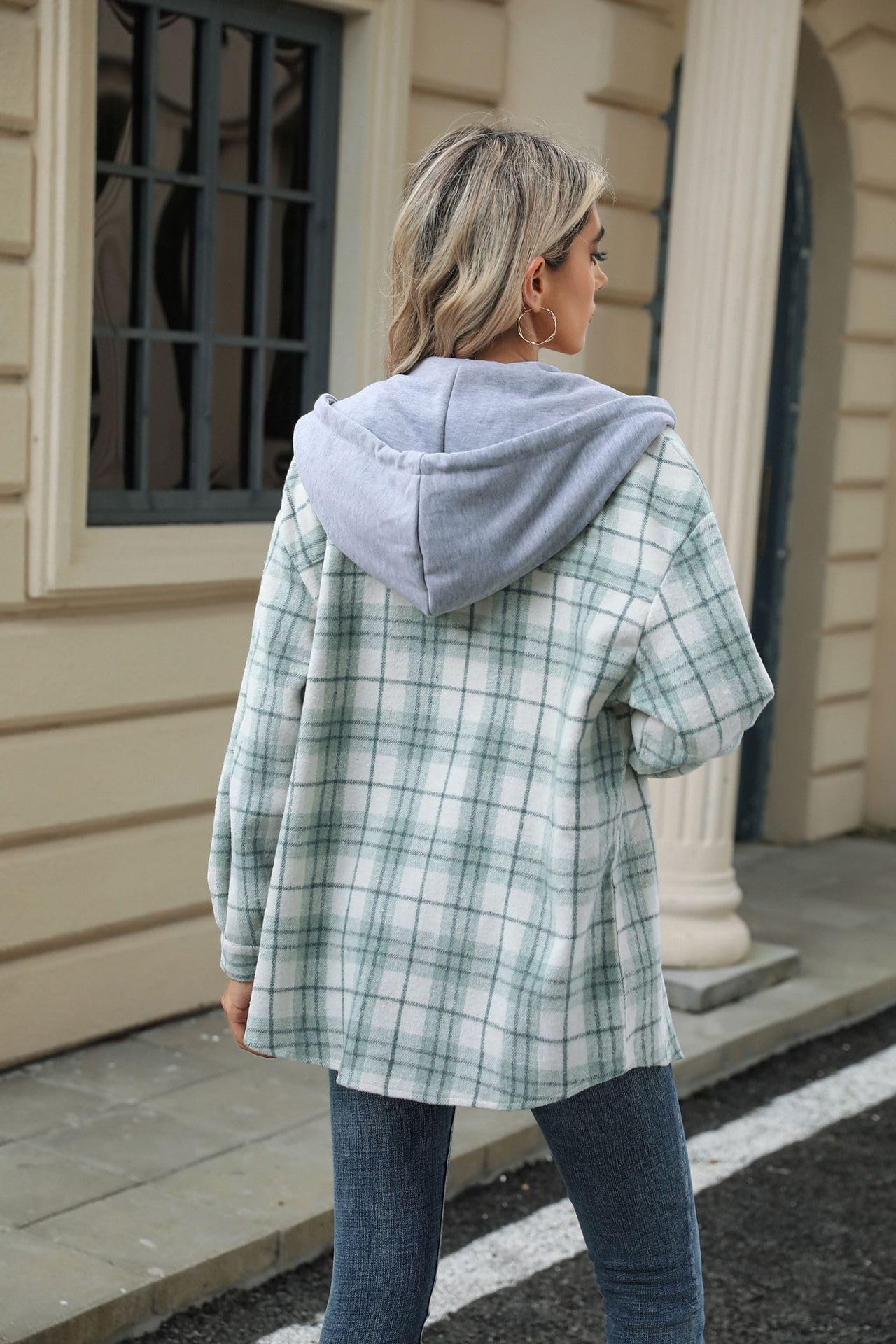 Damskie bluzy z kapturem zapinane na guziki ze sznurkiem, retro zielone paski kardigan w kratkę kurtka na co dzień luźny krój odzież wierzchnia bluza z kapturem top płaszcz lekka bluzka