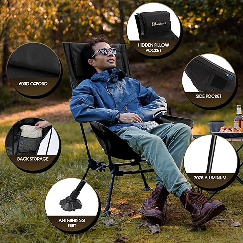 Miniatura 7 de MOON LENCE Silla de campamento de gran tamaño para adultos, silla de campamento plegable de respaldo alto ajustable con capacidad de 400 libras,