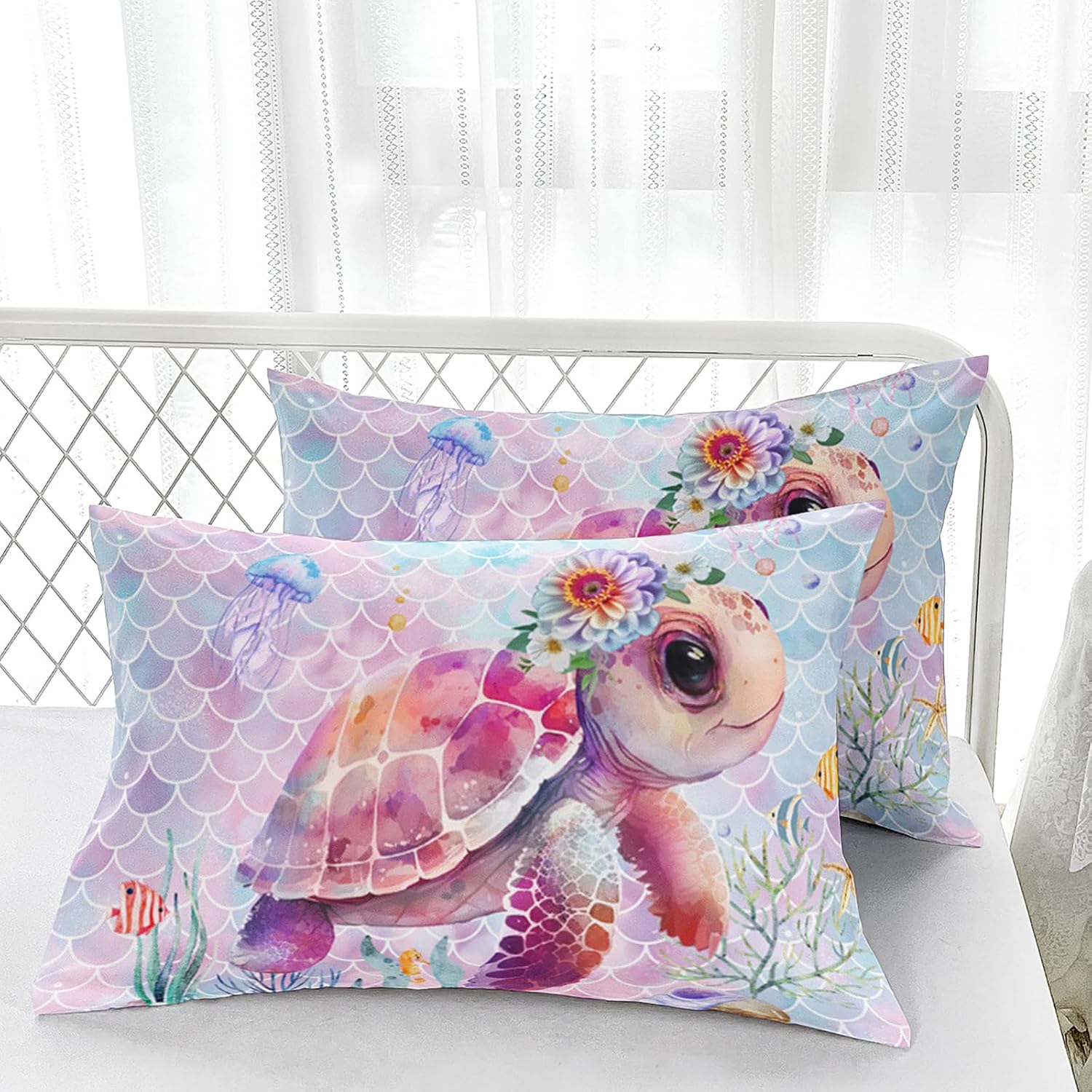 Pink Cute Turtle Comforter Sets Queen Size ，Bedding Sets for Kids,Flower Turtles and Fish Scales Comforter Sets All Season 1 Comforter and 2 Pillowcases