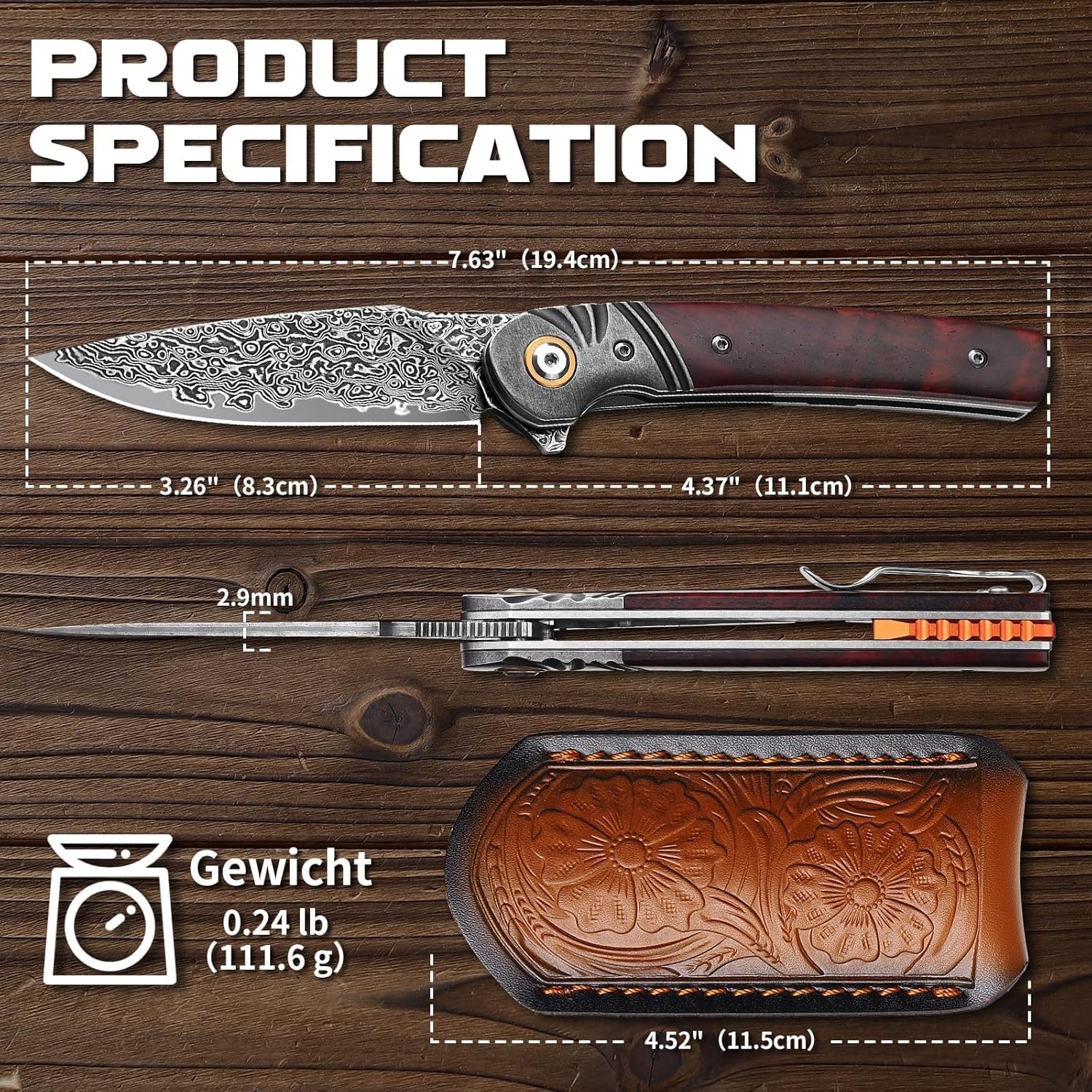 Omesio Cuchillo Plegable de Damasco 67 Capas con Núcleo VG10 – Navaja EDC de Bolsillo con Clip, Hoja Afilada y Funda de Cuero, Ideal para Camping, Outdoor y Uso Diario