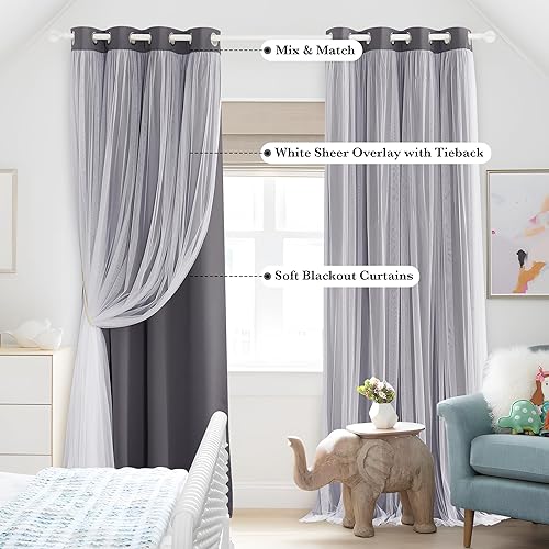 Vista 4 de PONY DANCE Blackout Curtains 72 Inches Long - White Sheer Overlay Thermal Insulated Curtains for Living Room Sliding Glass Door, Cortina para Sala