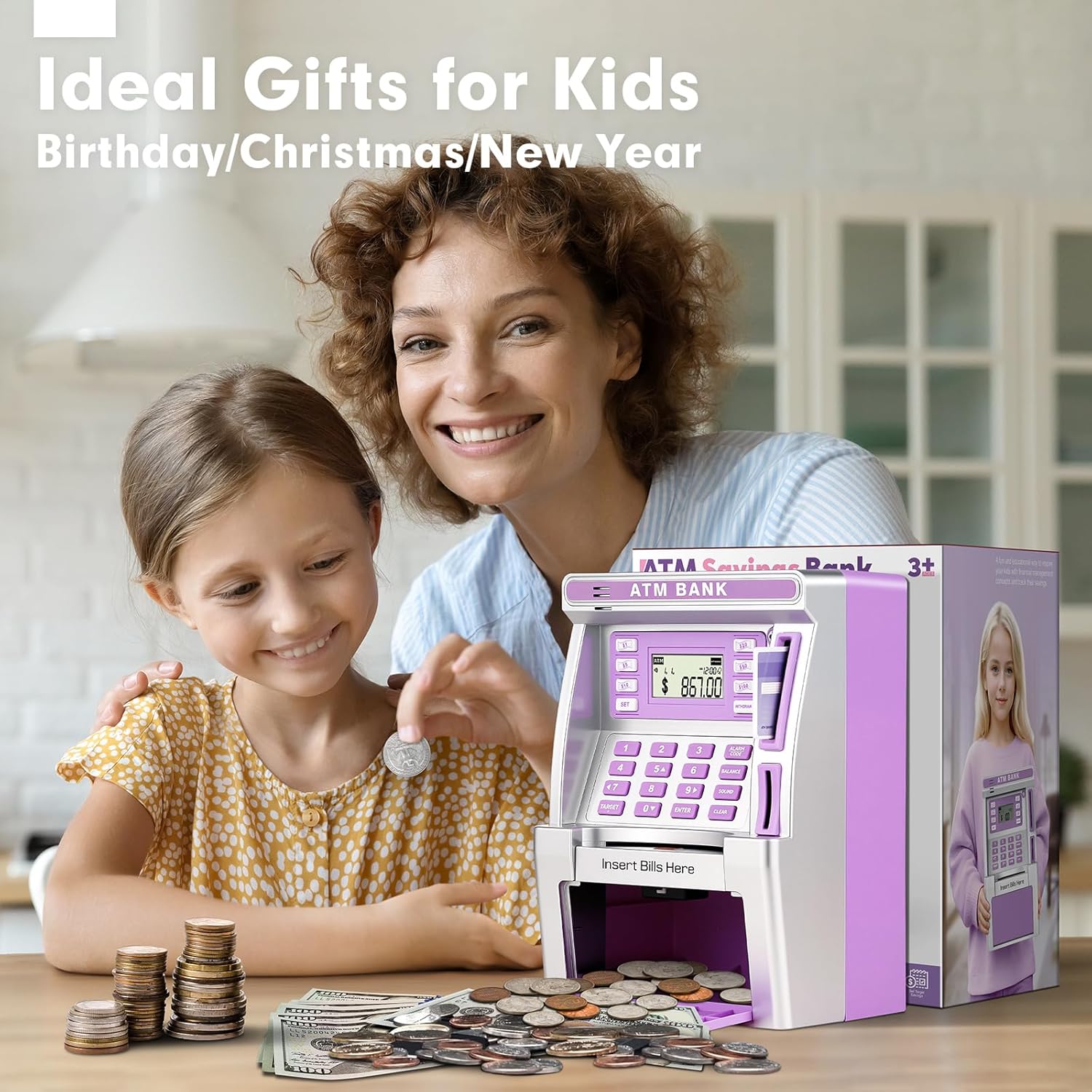 Purple Piggy Bank for Kids, ATM Machine Bank for Real Money with Debit Card, Bill Feeder, Coin Recognition, Balance Calculator, Electronic Savings Safe Box, Gifts for Teen Boy Girl