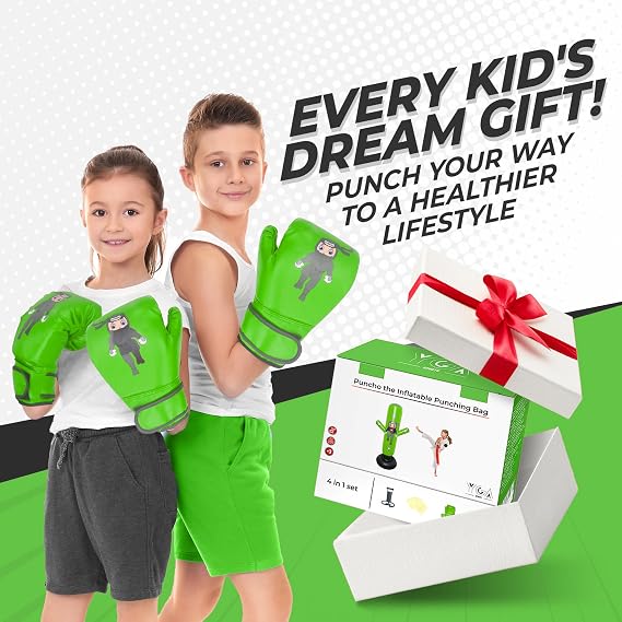 PUNCHO Punching Bag for Kids 3-12 with Boxing Gloves, Pump and Play Book