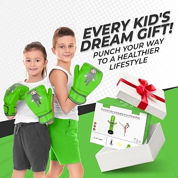 PUNCHO Punching Bag for Kids 3-12 with Boxing Gloves, Pump and Play Book