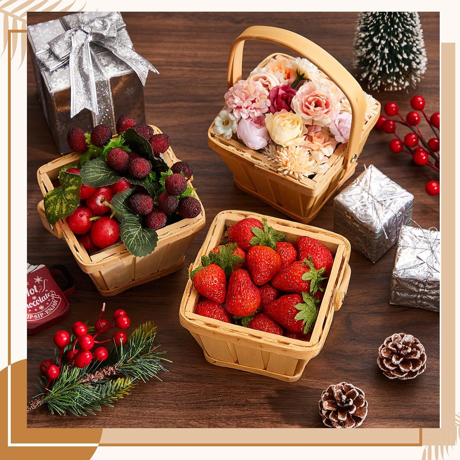 Marsui 10 Pack Mini Square Wooden Bushel Apple Baskets with Handle, 5.1 x 3.9 x 3.1 Inch Berry Picking Baskets Small Fruit Strawberries Buckets for Autumn Harvest Farmers Market Decoration