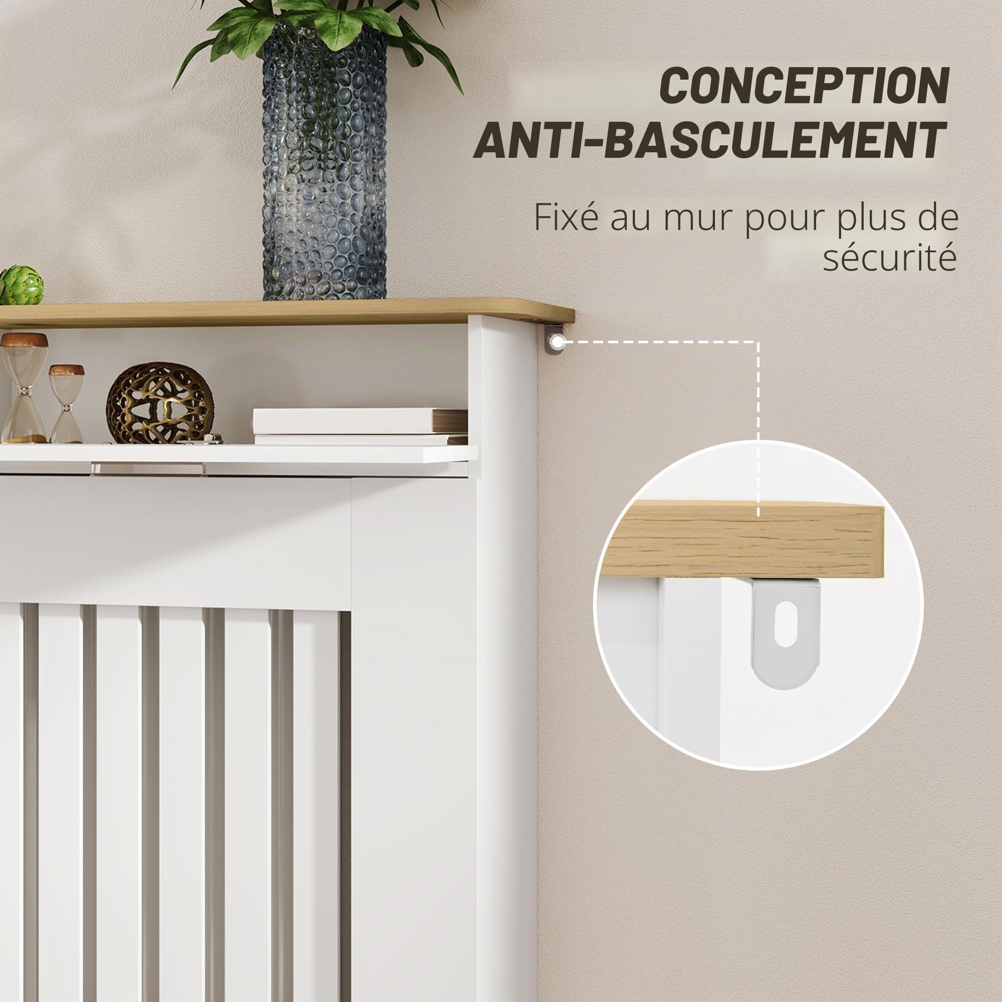 HOMCOM Cache-radiateur à lattes anti-inclinaison avec tiroir de rangement, Cache-radiateur en bois, 112x19x97 cm, Blanc