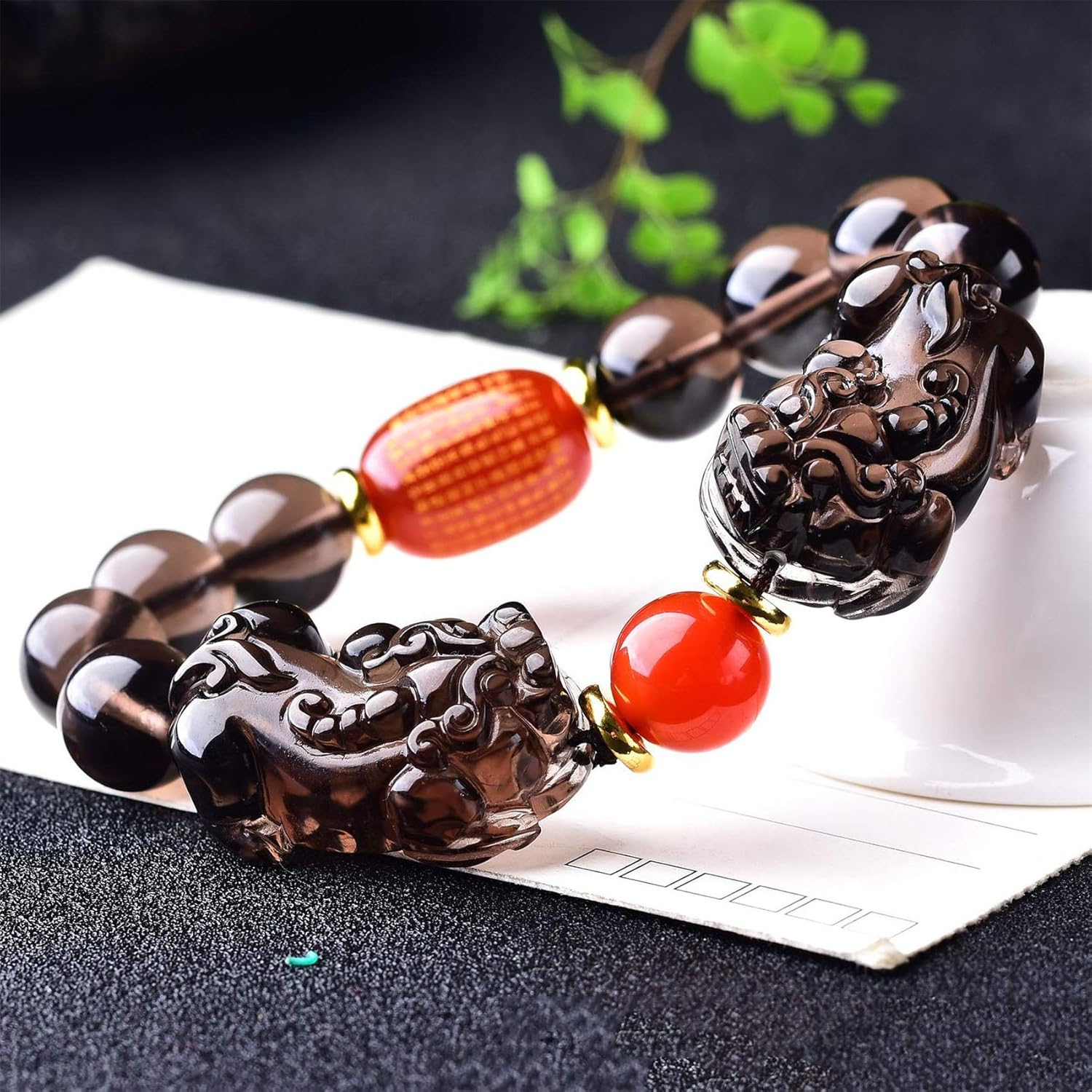 Feng Shui Black Obsidian Bracelet Natural Ice Obsidian Double Pixiu Pi Yao Tiger Eye Stone Agate Heart Sutra Bracelet Attract Wealth for Good Fortune Courageous Lucky Wealth,Black,12MM