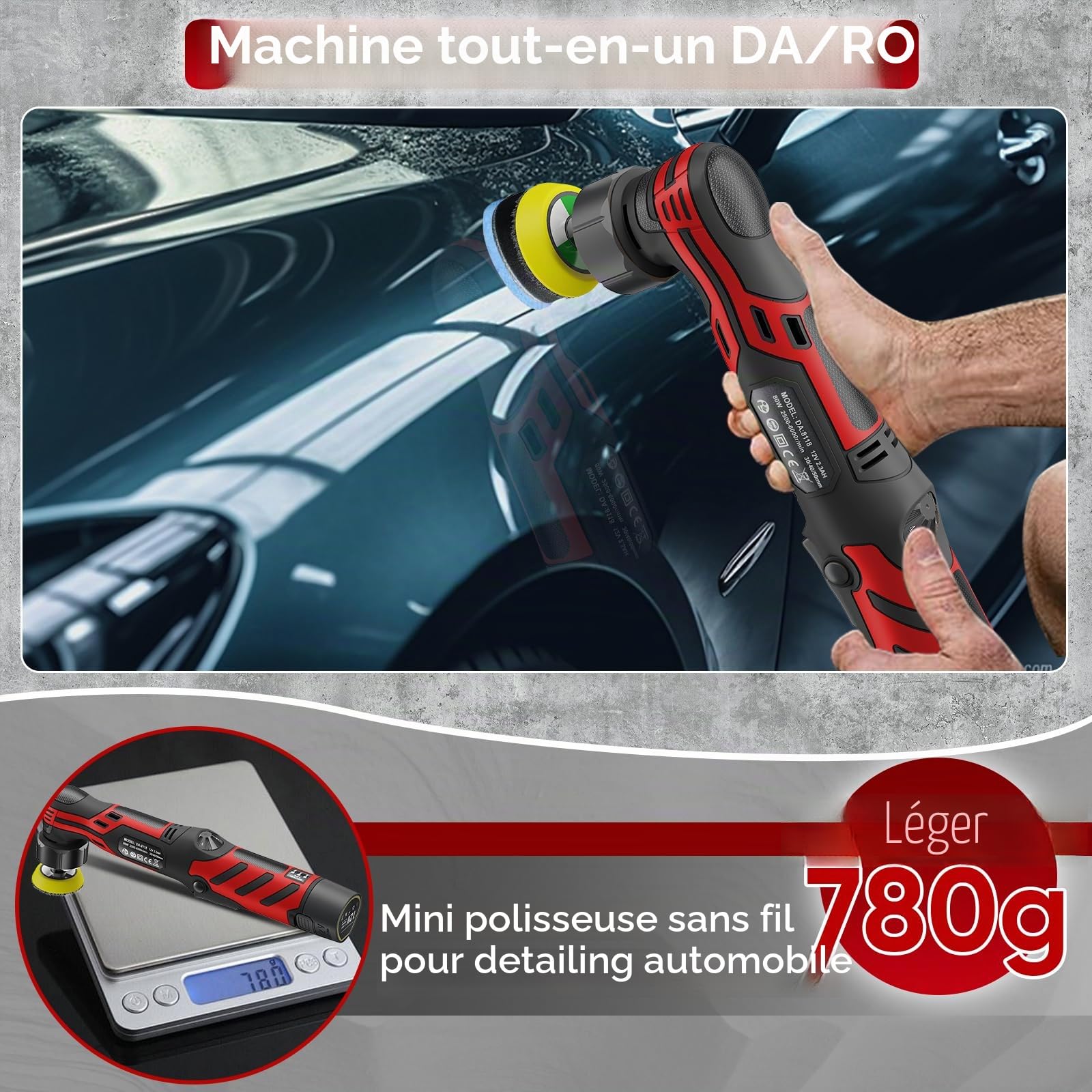 Mini polisseuse sans fil, 1/1,5/2" avec 11 vitesses, 2 batteries de 2,3 Ah et chargeur, pour polissage de détail de voiture, traitement de peinture et jantes – 2500-6000 tr/min, légère et polyvalente