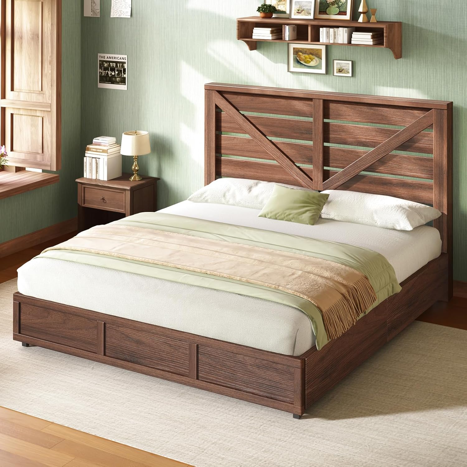 AMERLIFE King Size Farmhouse Bed Frame with 4 Drawers, Wooden Storage Bed Frame with Headboard and Heavy Duty Metal Slats, Noisy Free, Easy Assemble, Rusric Brown