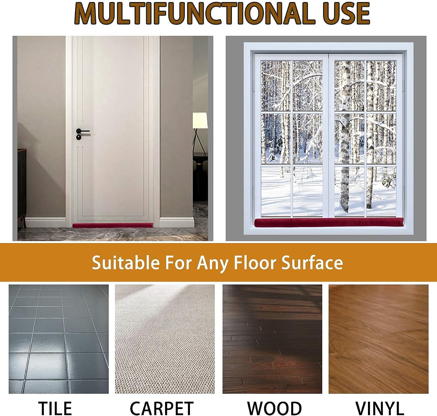 Door Darft Stopper 36 Inch Under Door Draft Noise Blocker for Bottom of Door Gap Filler Weather Stripping Twin Door Sweep Window Seal, Wine