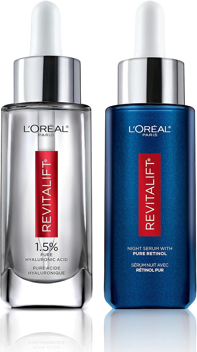 L'Oreal Paris Revitalift 1,5% de suero facial de ácido hialurónico puro + 0,3% de suero de noche de retinol puro, 1 kit