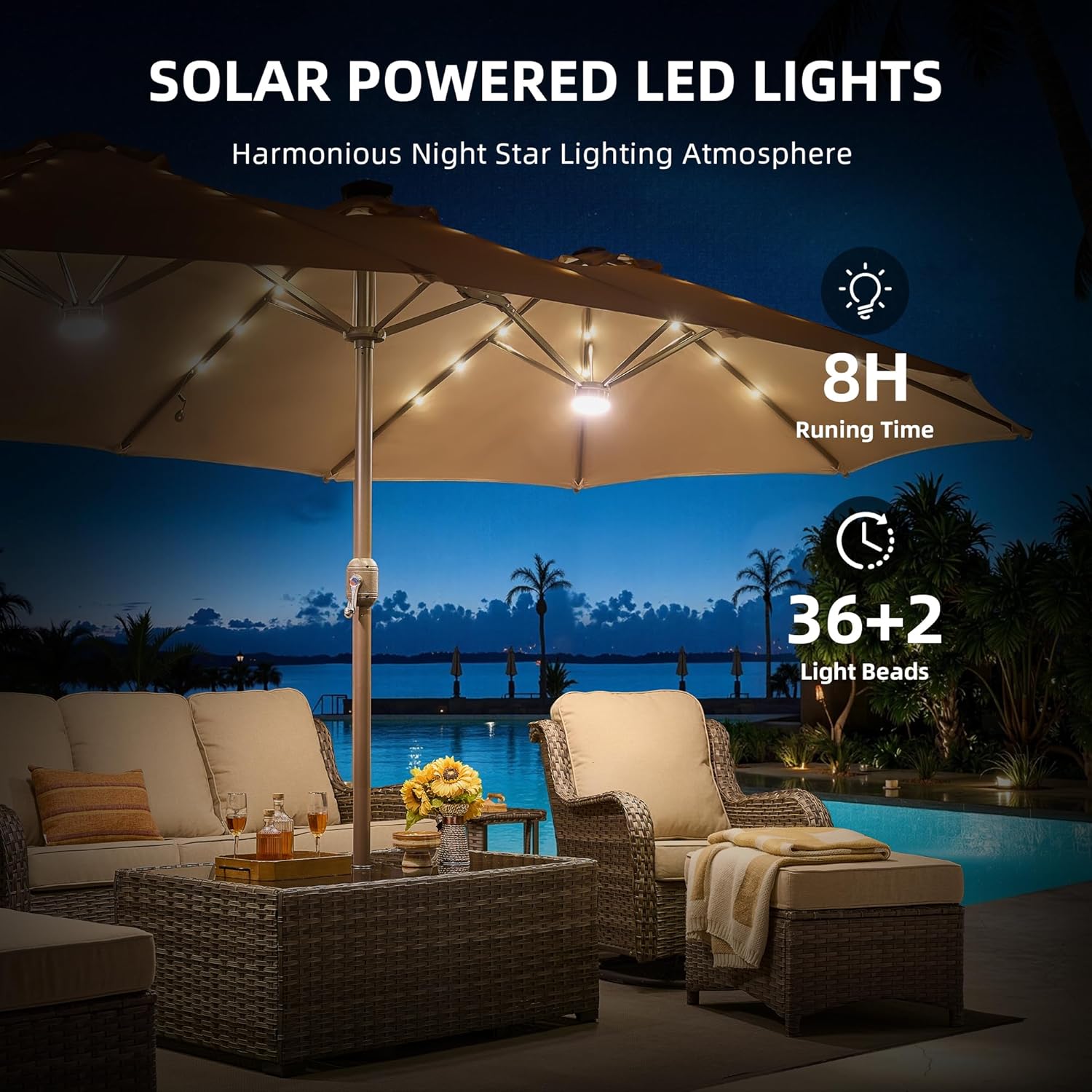 15ft Large Patio Umbrellas with Solar Lights, Outdoor Rectangle Double-Sided Market Umbrella with Stand,Outside Umbrellas with Base Include for Poolside Lawn Backyard, Ivory,Pool,Tan