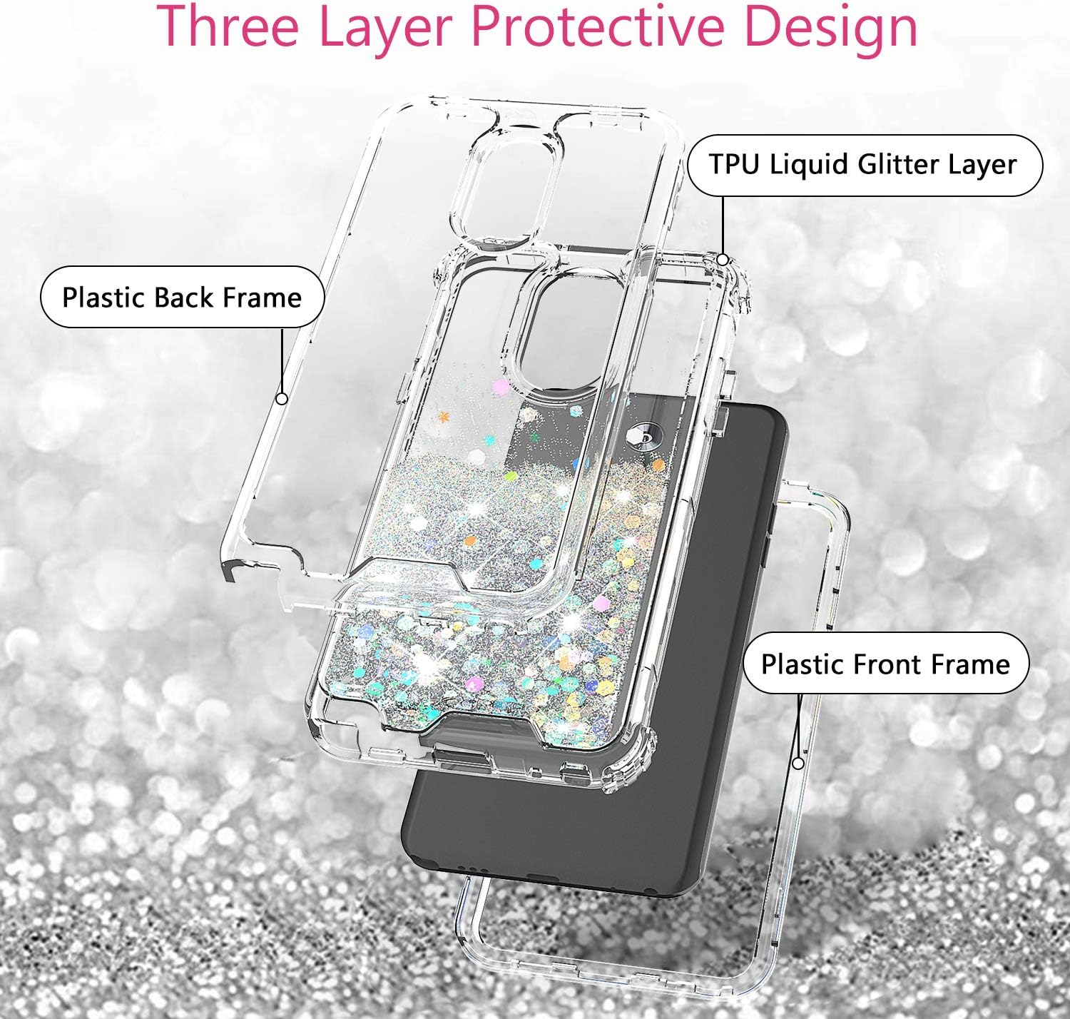 Galaxy Wireless Case for LG Stylo 4 / Stylo 4 Plus Case Hard Clear Glitter Sparkle Flowing Liquid Heavy Duty Shockproof Three Layer Protective Bling Cases for LG Stylo4 / Stylo4 Plus - Clear