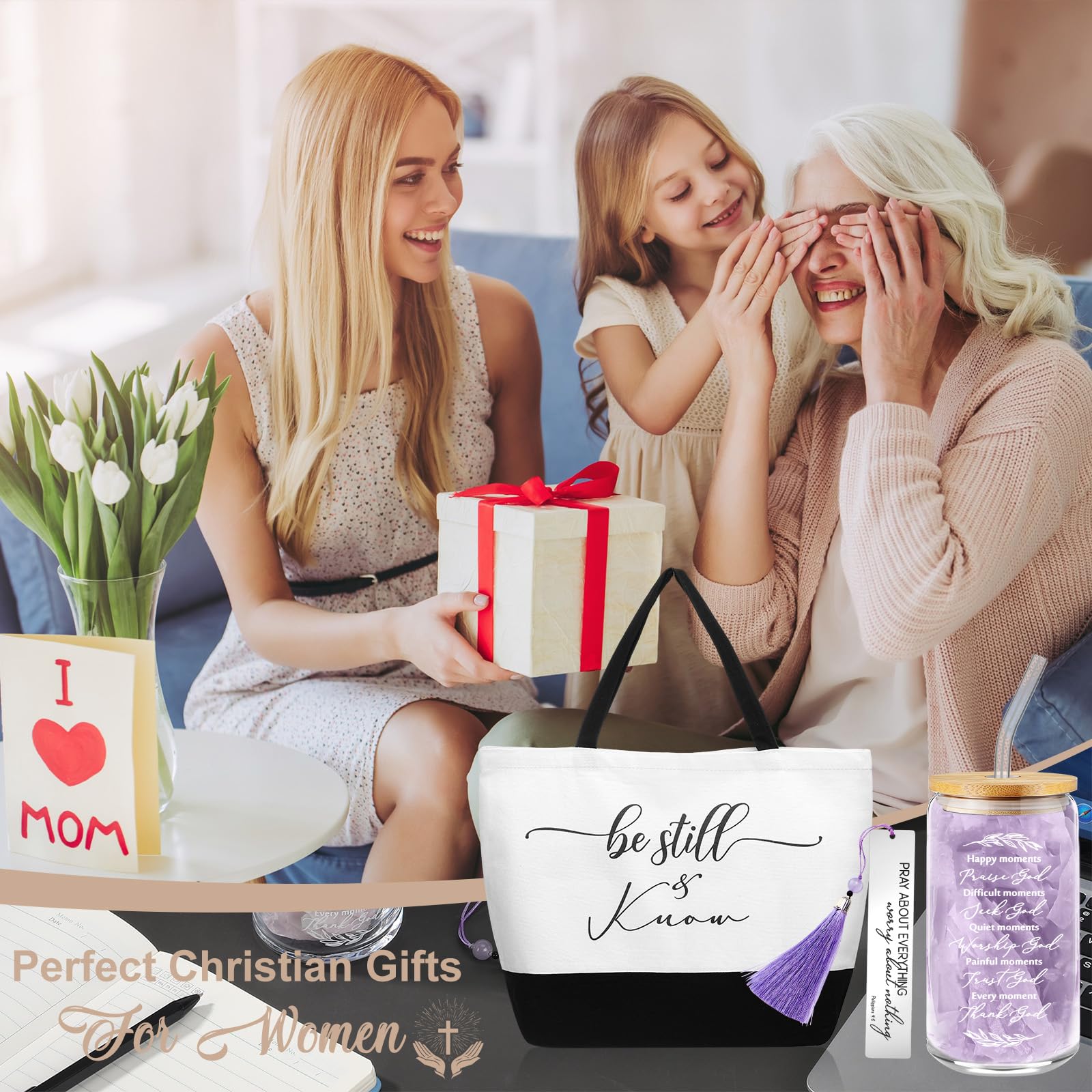 Hosuly 3 Pcs Mothers Day Christian Gifts for Women Set, Bible Verse Tote Bag, 16 oz Religious Glass Cup with Bookmark, Inspirational Faith Based Gift for Mom Sister Friend Birthday Church Gift