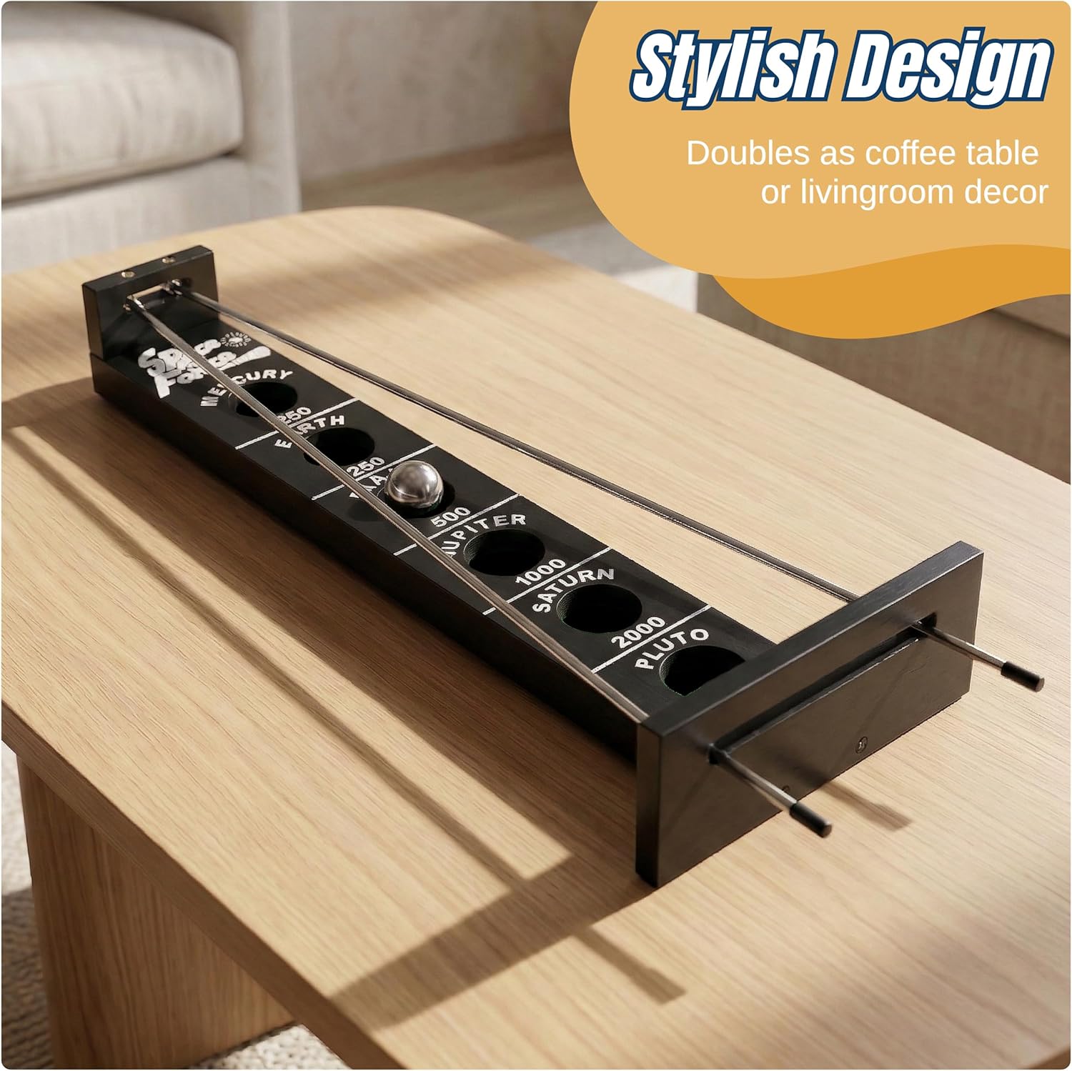 WE Games Shoot the Moon Game, Large 18 inches, Black Stained Solid Wood Board with Metal Ball and Rods, Retro Balancing Game for Family and Bar