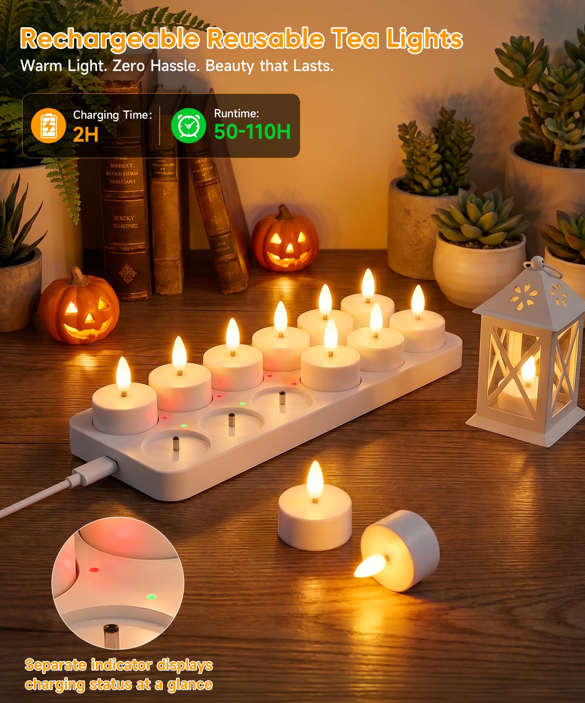 Velas de Té LED Recargables más de 50~110 Horas 12 Pz | Velas Decorativas Efecto Llama con Base de Carga, Decoracion Cumpleaños - Velas Sin Llama para Fiesta Hogar Salone Halloween