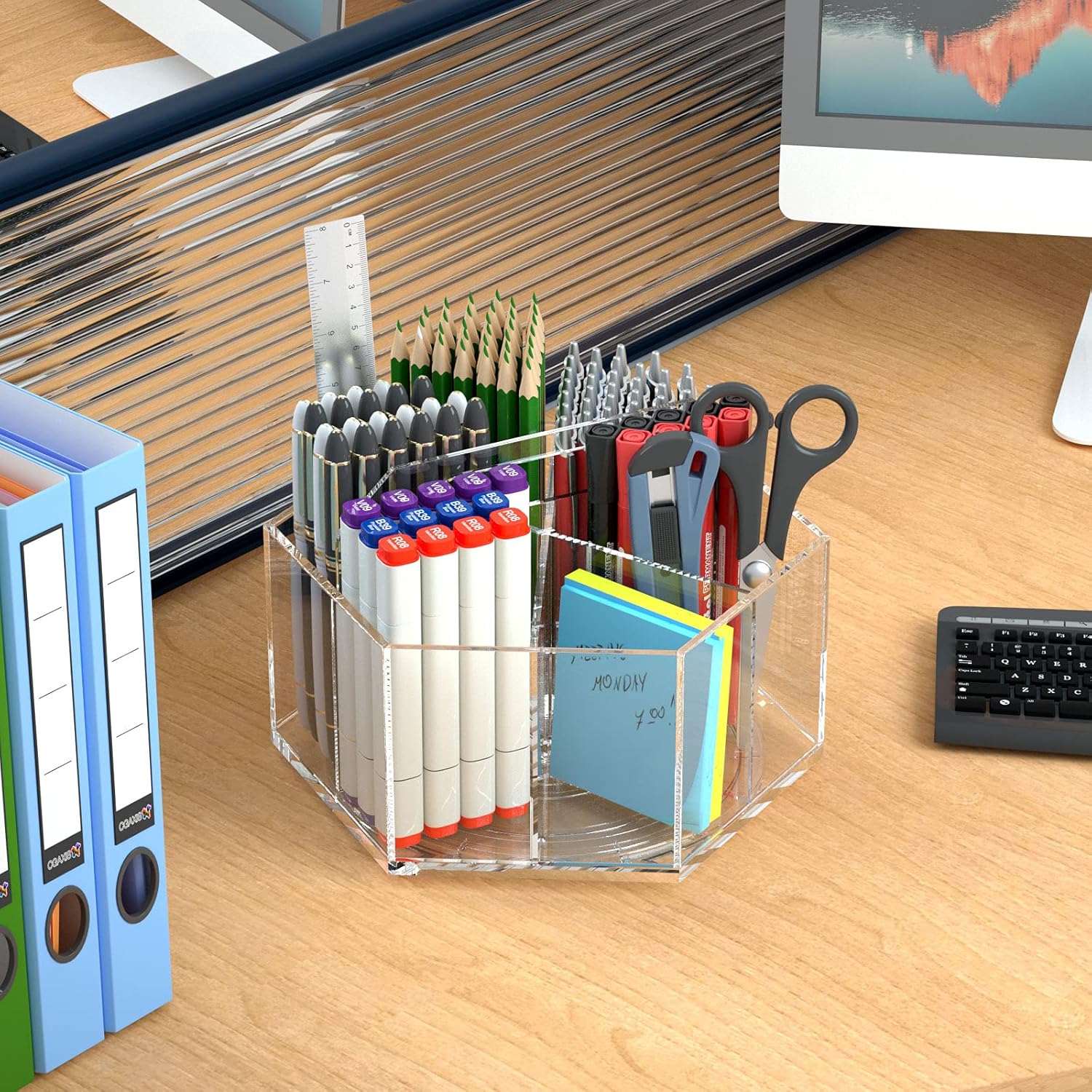 NIUBEE Acrylic Pen Pencil Holder 6 Compartments, Multi-capacity Marker Storage Art Supply Organizer, 360° Rotating Clear Pencil Cup Makeup Brush Organizer for Desk