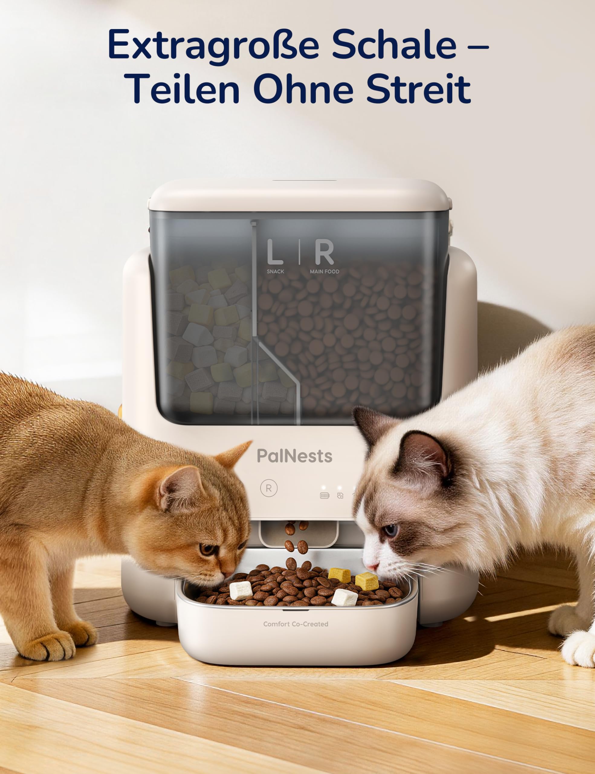 Futterautomat Katze 5L, PalNests Automatischer Futterspender für Katze und Hund mit Edelstahlnapf, Doppelbehälter-Tierfutterspender mit Trockenmittel, Katzenfutter Automat mit Einem Knopf und APP