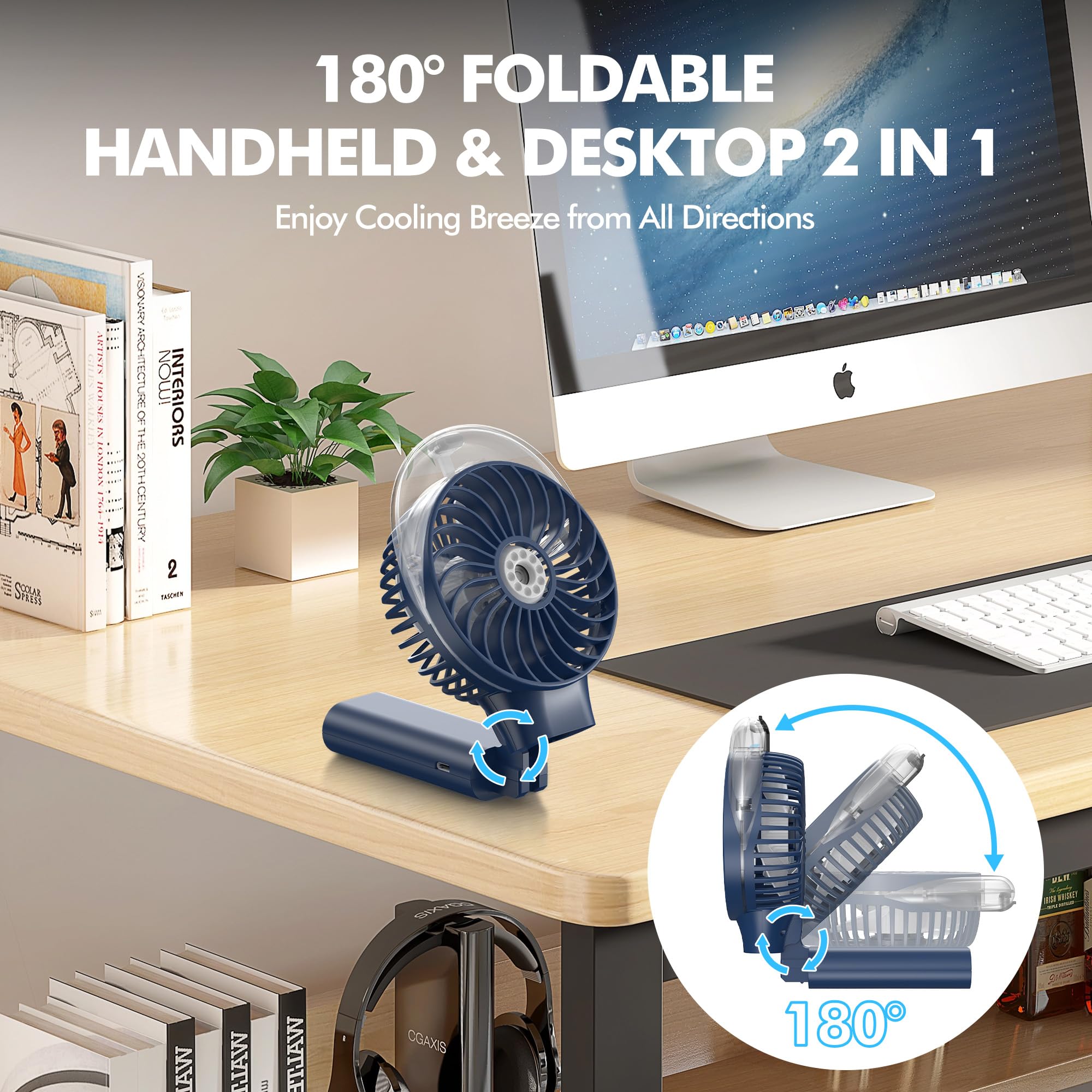 MORECORE Ventilateur brumisateur portable à piles rechargeable pour la marche, les voyages, l'extérieur, la maison, le bureau (bleu foncé)