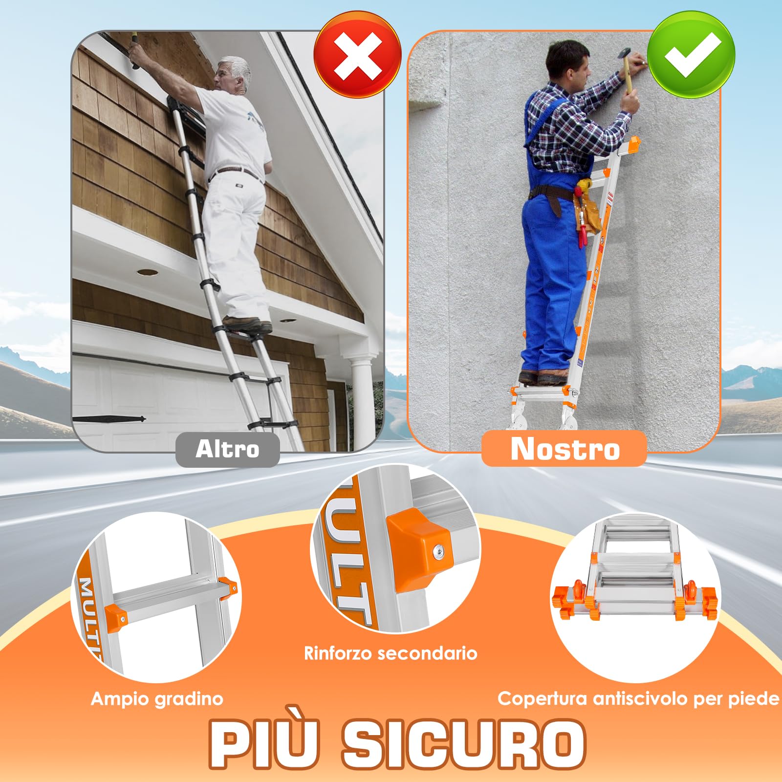Scala Multiuso a 5 Livelli: Scala a 5 Livelli e Scala Allungabile da 17 Piedi (5,18 m) con Stabilizzatore e Ruote, Portata 150 kg, Sicuro per Scale, per Interni, Esterni e Tetto, in Lega di Alluminio