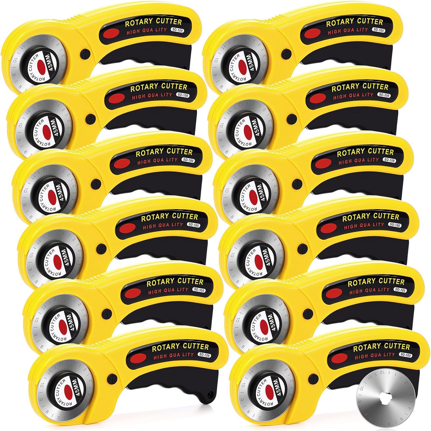 Lothee 12 Set 45mm Rotary Cutter for Fabric, Ergonomic Handle Rolling Cutter with Safety Lock for Fabric, Sewing, Quilting, Cloth, Paper, Leather, Arts Crafts Dressmaking (Yellow)