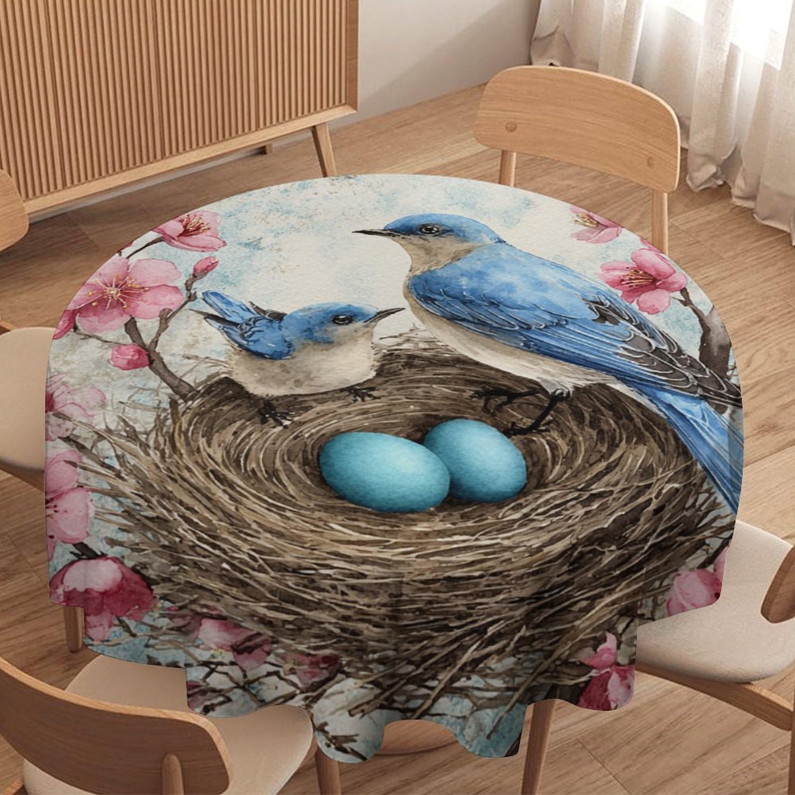 LUYYSKY Retro Realistic Bird Family Waterproof Round Tablecloth Vintage Rustic Japanese Plant Cherry Blossom Tree Animal Blue Bird Washable Table Cover for Kitchen-127 Wx127 L cm