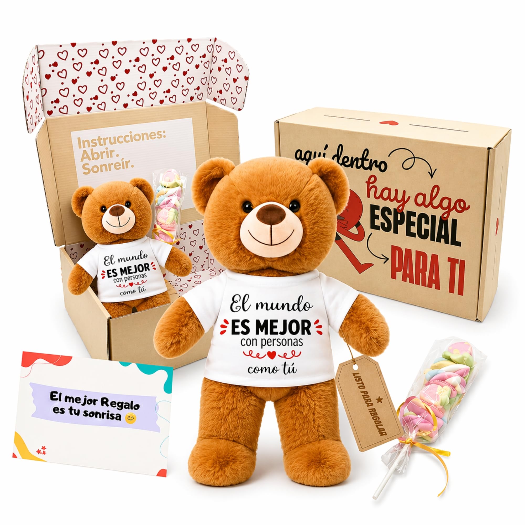 Peluchilandia Regalos Originales para Mujer y Amigas - Osito de Peluche con Mensaje Emotivo en Caja Regalo - Detalle para Cumpleaños, Enamorados o Día de la Madre (MARRÓN)