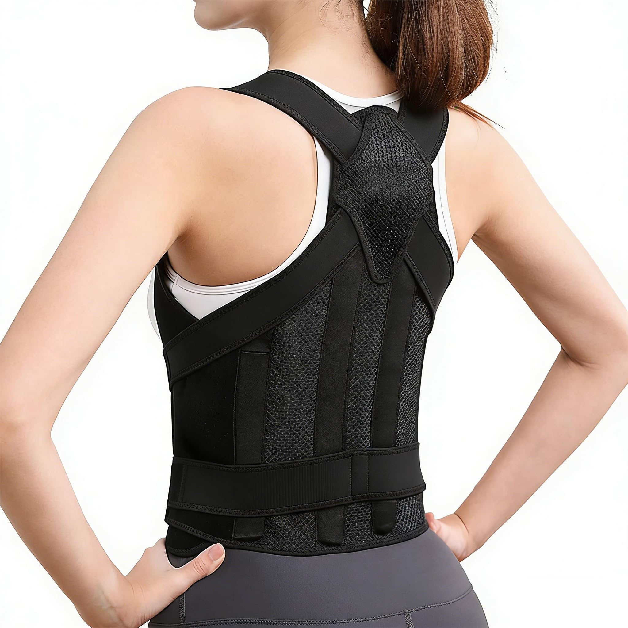 Rücken Geradehalter für Damen und Herren, Verstellbarer Haltungstrainer zur Haltungskorrektur, Kreuzriemen-Design, Breite Gepolsterte Schultergurte, Atmungsaktiv und Schweißabsorbierend (L)