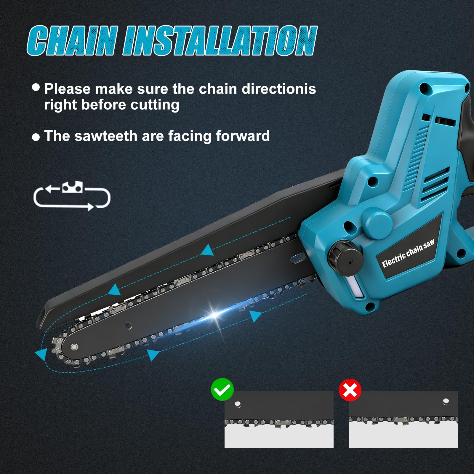 Motosierra Inalámbrica 8 y 10 Pulgadas para Makita 18V (sin Batería) | Mini Motosierra sin Escobillas, Lubricación Automática de Cadena, 2 Placas, 4 Cadenas, Guantes, Gafas y Maletín