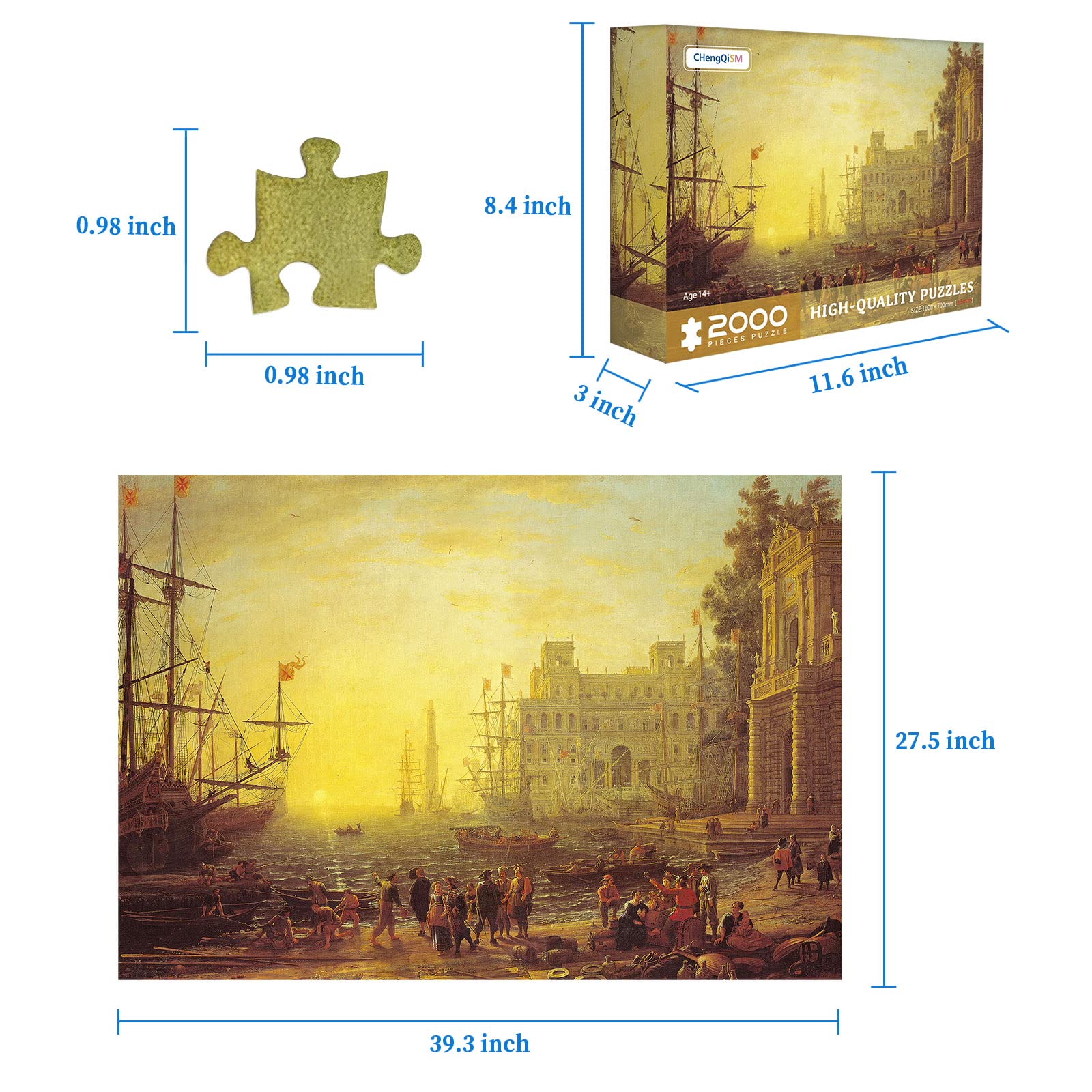 2000 Piece Puzzle-Seaside Boats Jigsaw Puzzles For Adults 2000 Piece,Porto con Villa Medici Claude Gellée Puzzle 2000 Pieces,Port Scene with the Villa Medici Puzzles - Image 2