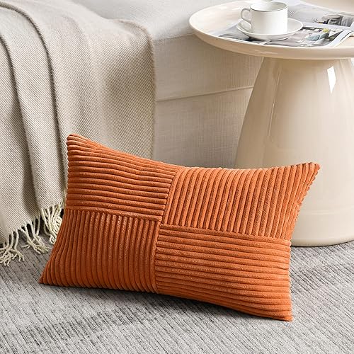 Miniatura 2 de Fancy Homi - 2 fundas decorativas para cojín lumbar y rectangular de pana suave y texturizada a rayas, decoración bohemia de casa de campo, naranja