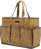 Kaaltisy 16oz Waxed Canvas Tool Tote Bag with 10 Pockets - Durable Large Capacity Storage for Gardening, Wrenches, Hammers & Carpentry Tools, Khaki