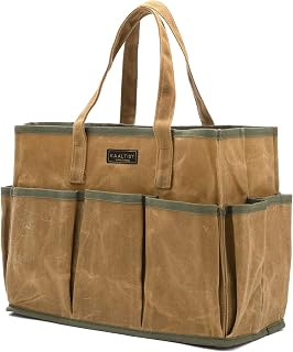Kaaltisy 16oz Waxed Canvas Tool Tote Bag with 10 Pockets - Durable Large Capacity Storage for Gardening, Wrenches, Hammers & Carpentry Tools, Khaki