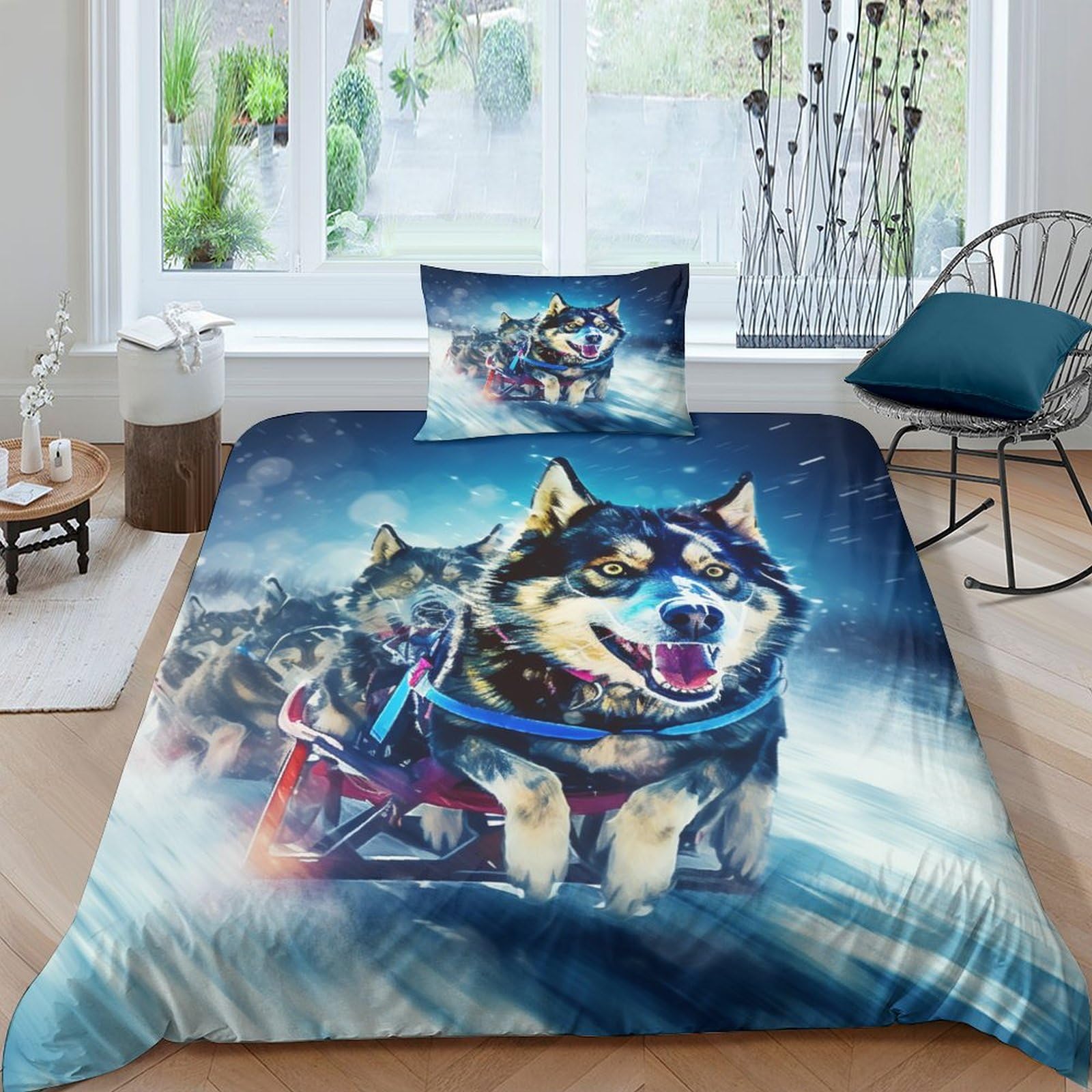 Parure de lit 3 pièces housse de couette motif chien d'Alaska