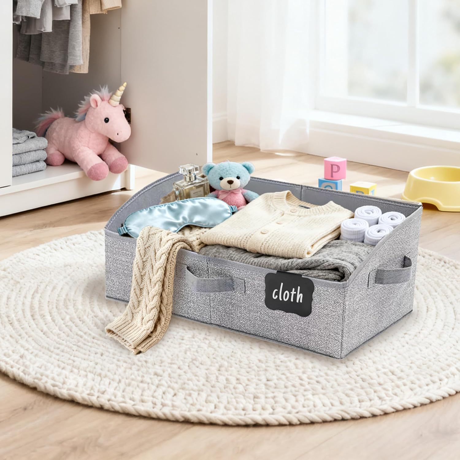 Closet Organizers and Storage Bins with Labels Clip, Large Trapezoid Storage Baskets for Shelves, 28L Foldable Fabric Clothing Organizer for Blankets, Towels and Toys, Grey, 3-Pack