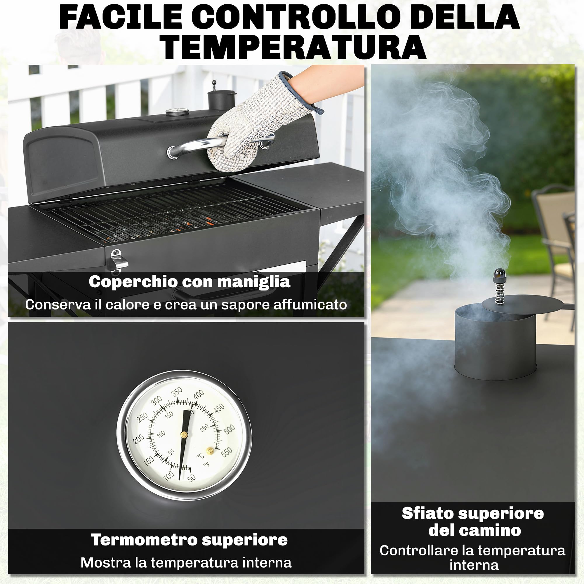 Outsunny Barbecue Carbonella Carrello con 2 Ripiani Laterali, Barbecue Portatile Affumicatore con Termometro, Griglia, Coperchio, Ruote Manico Acciaio Inox, BBQ Carbonella per Giardino Campeggio, Nero