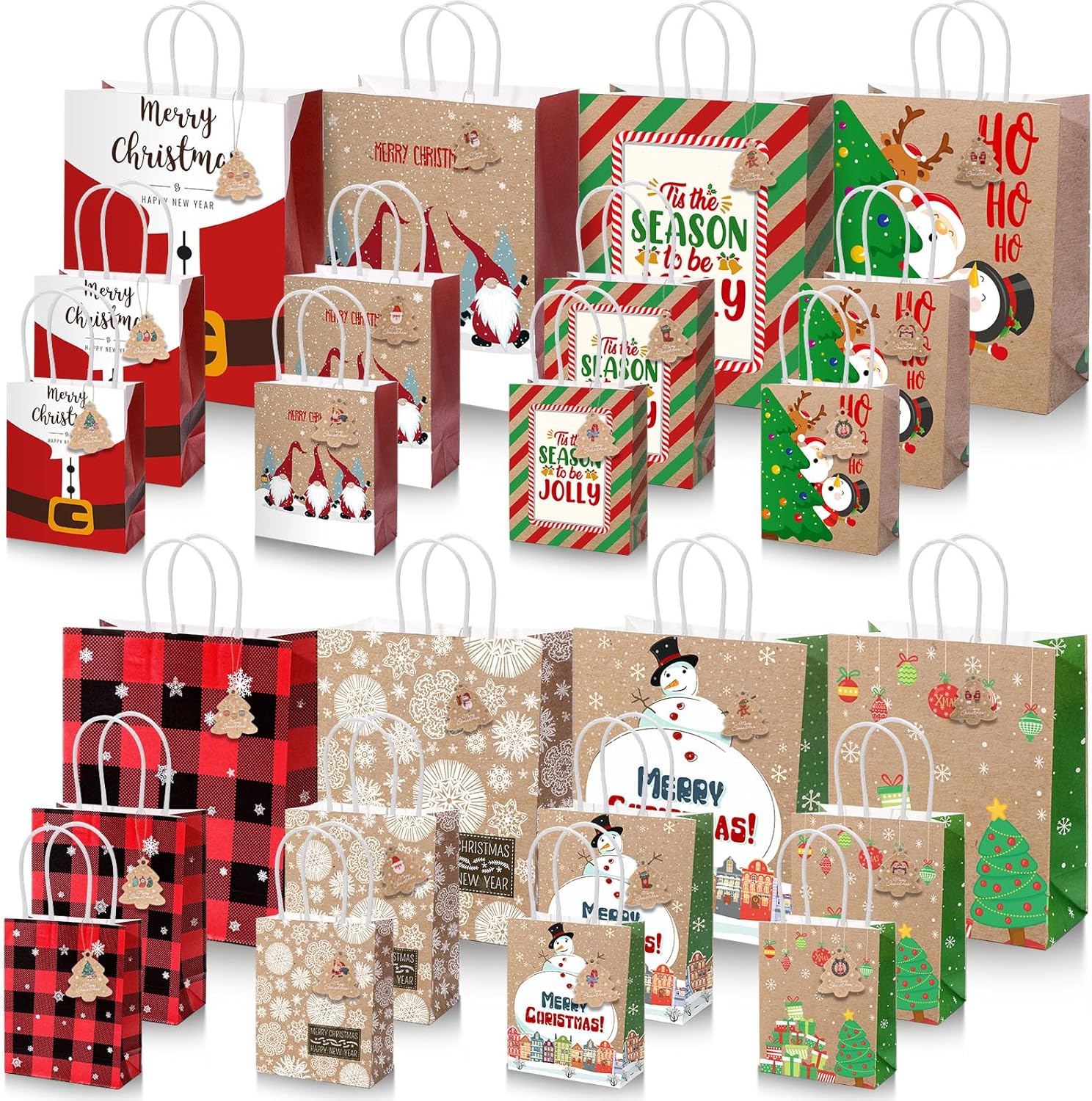 TaoBary 24 Pcs Christmas Kraft Gift Bags with Handles and 48 Gift Tags Assorted Sizes Xmas favors Bags Reliable Xmas goodie Paper Pouches 8 Styles 3 Sizes for Holiday Party Favors Wrapping(Stylish)
