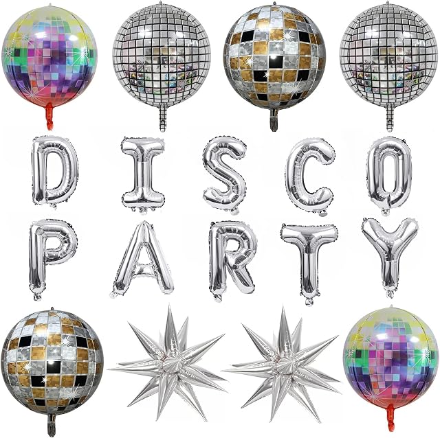 AOT 6 Pcs Disco Foil Balloons, 2 Pcs Explosion Star Aluminum Foil Balloons, a Disco Party Balloons Banner, 22 inch Balloons Disco Dance Party Supplies for Birthday Party Wedding Decoration in 70s 80s