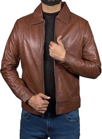 Mens Genuine Real Leather Jacket For Men - Shirt Style Premium Polo Collor Classic Lambskin Biker Jacket