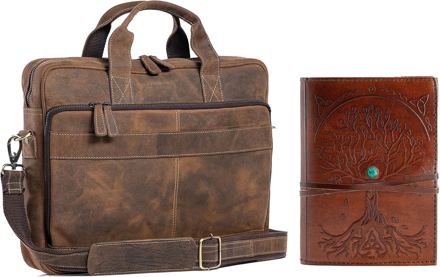 Handmade Leather Journal Lined Paper and Leather briefcase 18 Inch Laptop Messenger Bags for Men and Women Combo Pack