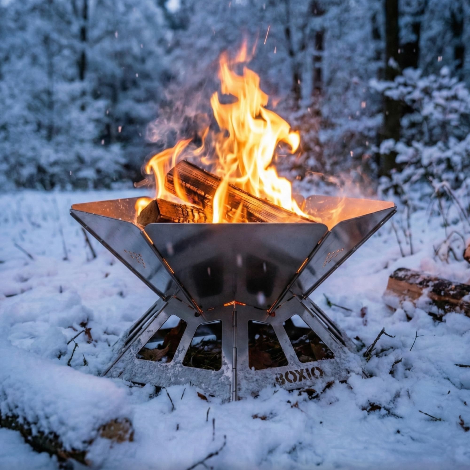 BOXIO - Fire : brasero en acier inoxydable avec grille de cuisson – Cheminée octogonale d'extérieur et barbecue de camping, petit brasero avec protection contre les étincelles, mini tonneau à feu et