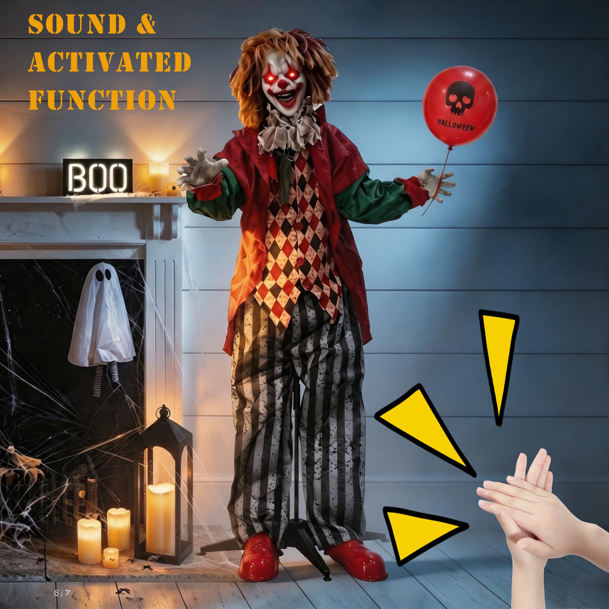 Hourleey Decoraciones de payaso animatrónica de Halloween de 5.3 pies, payaso animado activado por sonido con ojos iluminados, payaso sosteniendo globo para interiores y exteriores, decoración de