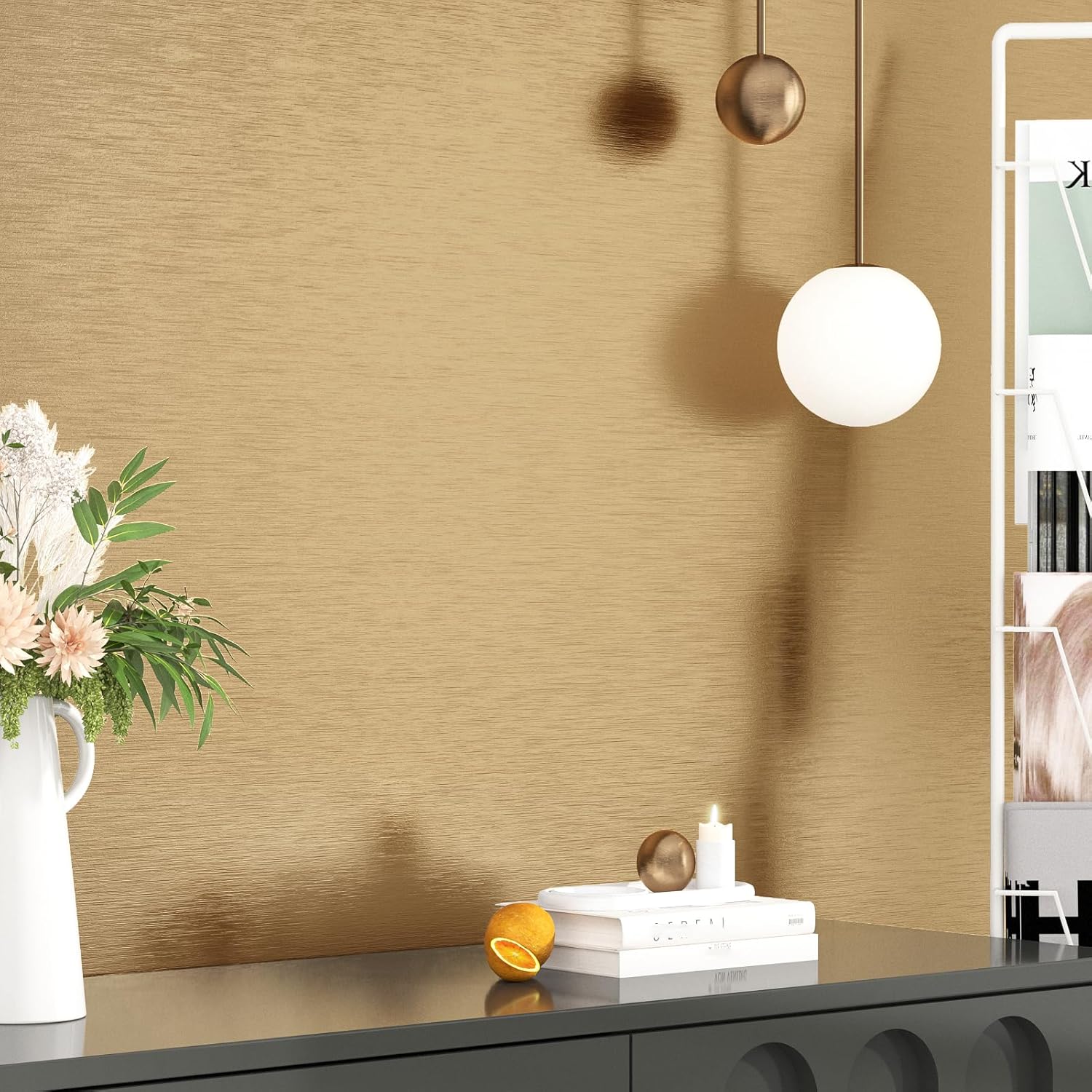 Wallercity Gold Self Adhesive Metal Contact Paper 24''x118'' Metallic Gold Stainless Steel Contact Paper for Appliances Vinyl Refrigerator Wrap Brushed Metal Look Wallpaper Peel and Stick Countertops