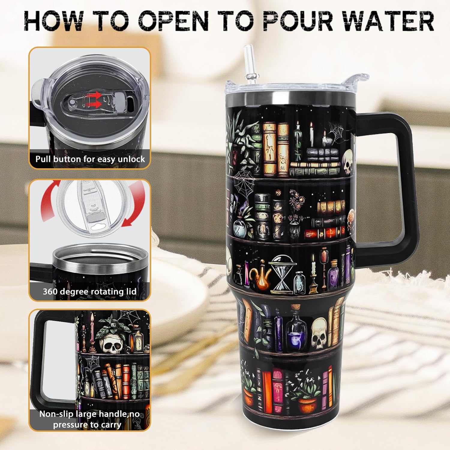 Book Lovers Gifts 40oz Book Lover Tumbler Halloween Goth Skull Bookshelf Coffee Travel Mugs Christmas Insulated Cup Gifts for Women Readers,Reading,Bookish,Librarian - Image 5