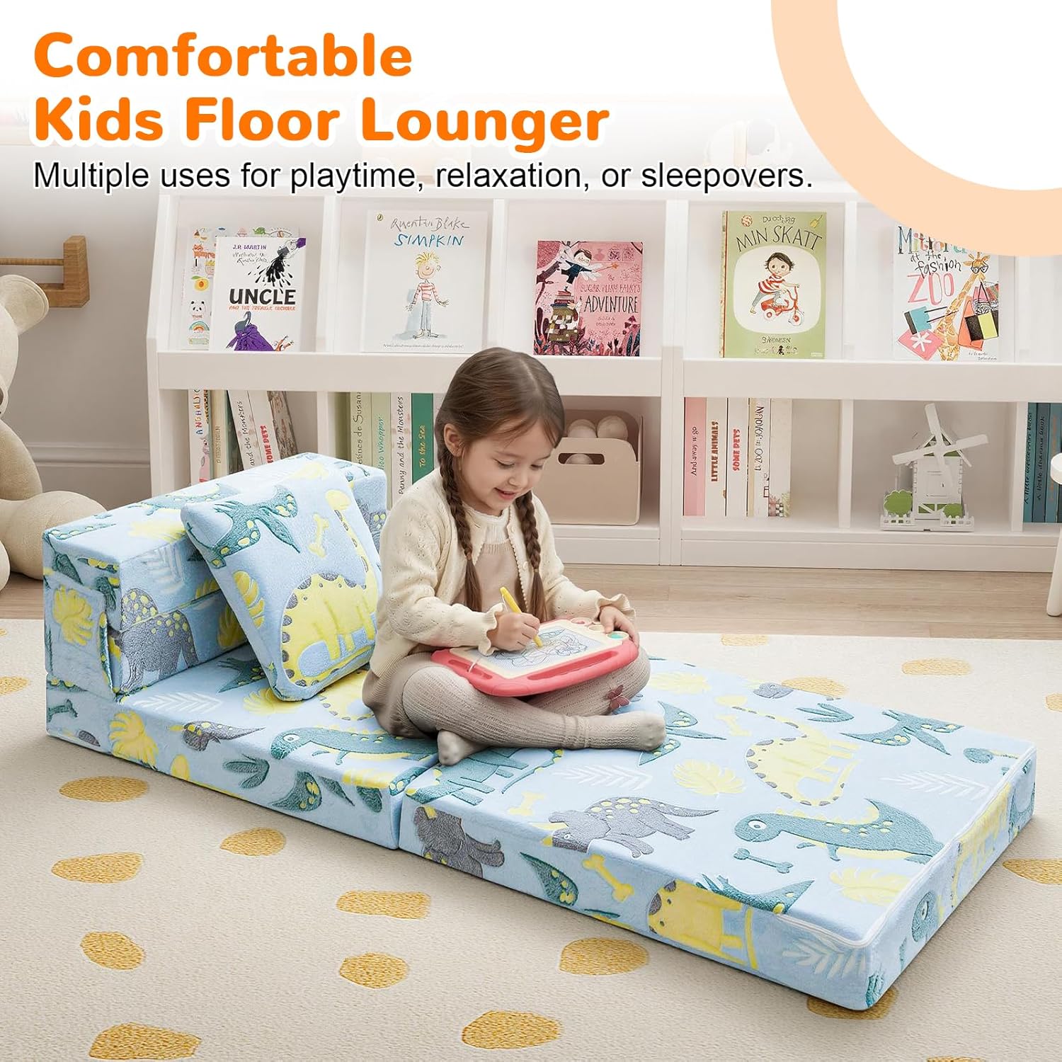 MeMoreCool Glow Dinosaur Tri-fold Sofa Bed for Kids, Foldable Futon Mattress and Chair, Convertible Floor Couch for Playroom