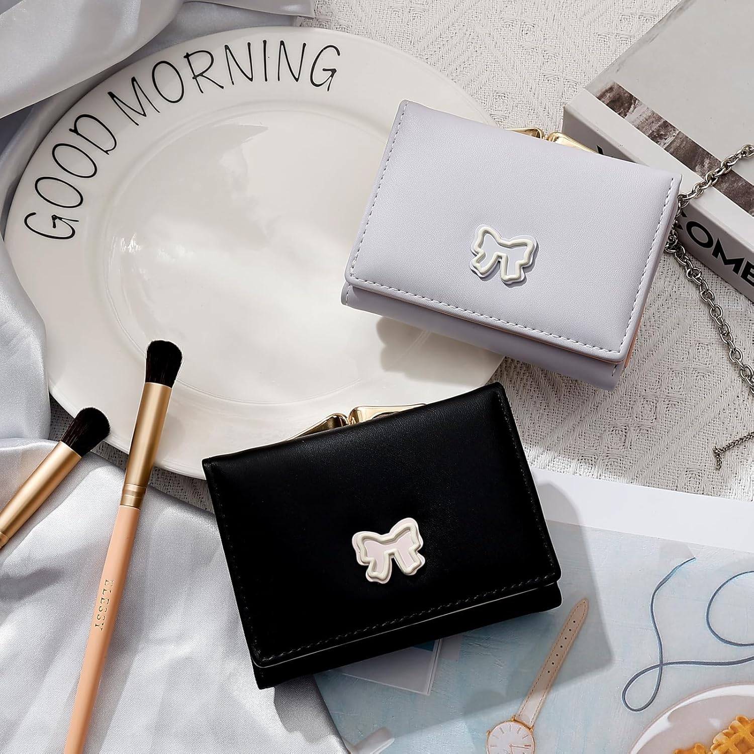 Small Wallets Woman, Cute Tri-fold Coquette Bow Wallet for Women, Credit Card Coin Holder Purse with Kiss-lock for Key Cash Change (Black) - Image 8