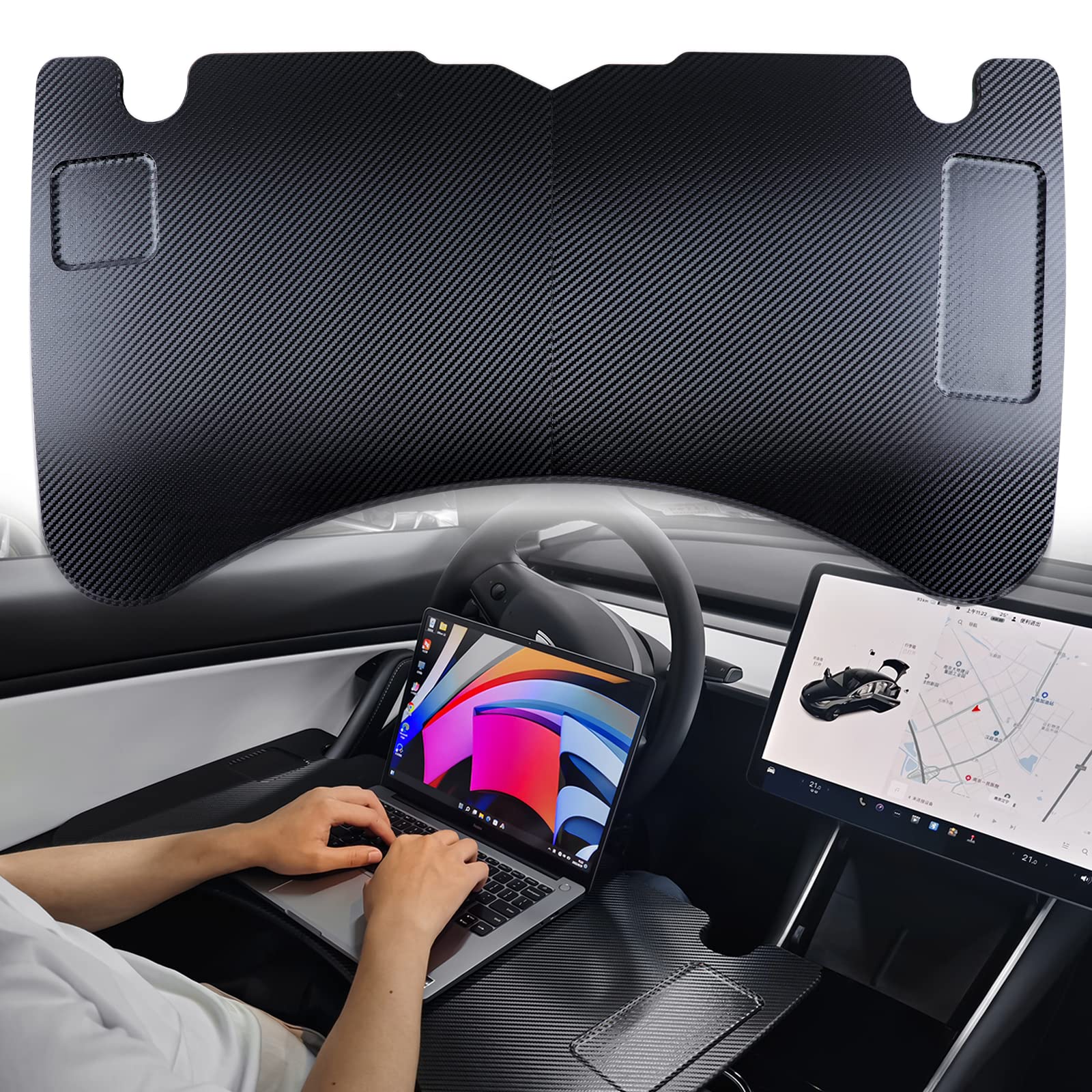 Photo 1 of ZIMABLUE Car Tray Foldable Car Laptop Tray Desk Compatible with Tesla Model Y Model 3 Carbon Fiber Texture,Car Table Bag Included