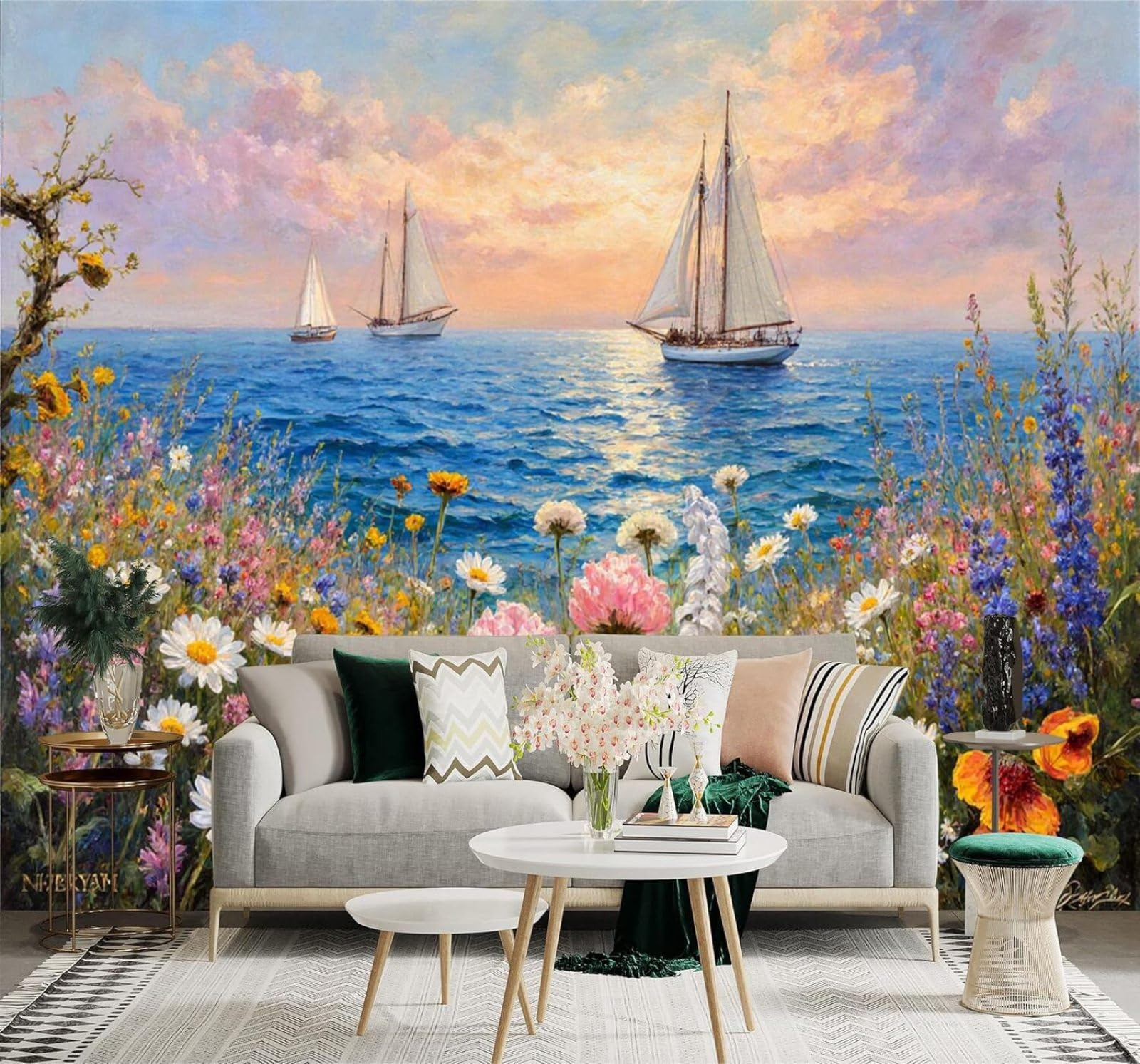 XLMING Blue Sea Sailboats Wildflowers Sunset Sky 3D Wallpaper Silky Texture Home Study Office Grey Dining Room Sofa Bedroom Living Room TV Backdrop-400cm×280cm
