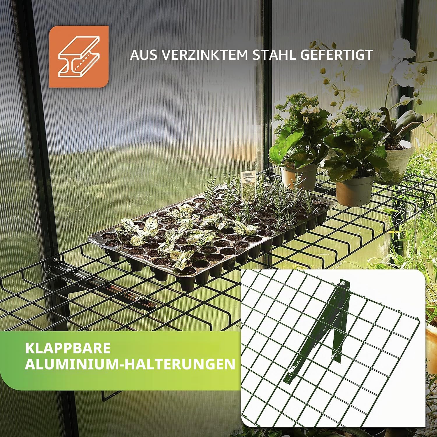 BioGreen Regal für Gewächshaus „Bruno“ 40 × 120 cm – klappbar, galvanisierter Stahl, mehr Platz im Gewächshaus, einfache Montage mit Alukonsolen