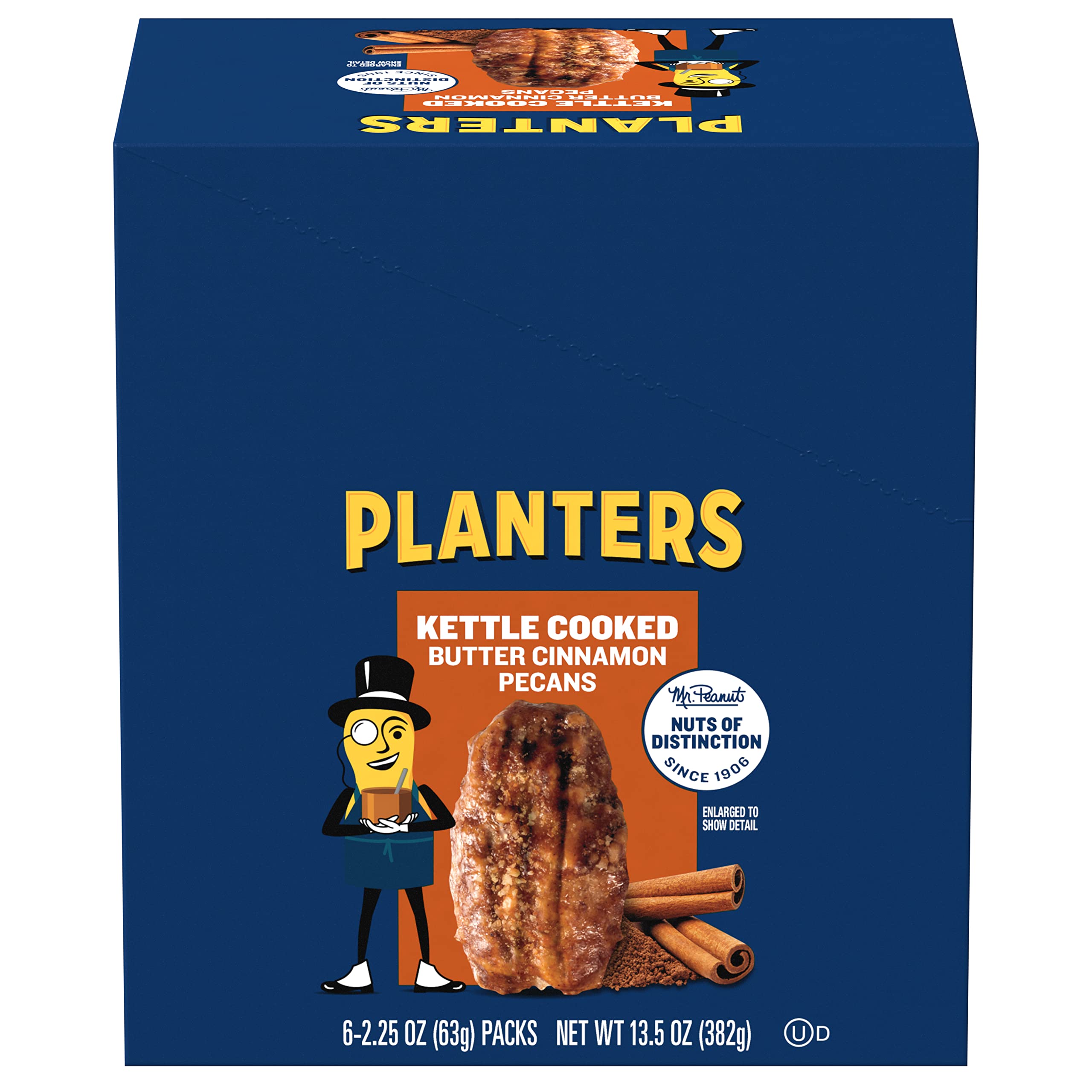 PLANTERS Kettle Cooked Butter Cinnamon Pecans, Individual Nuts Snack Packs, 2.25 oz, Pack of 6
